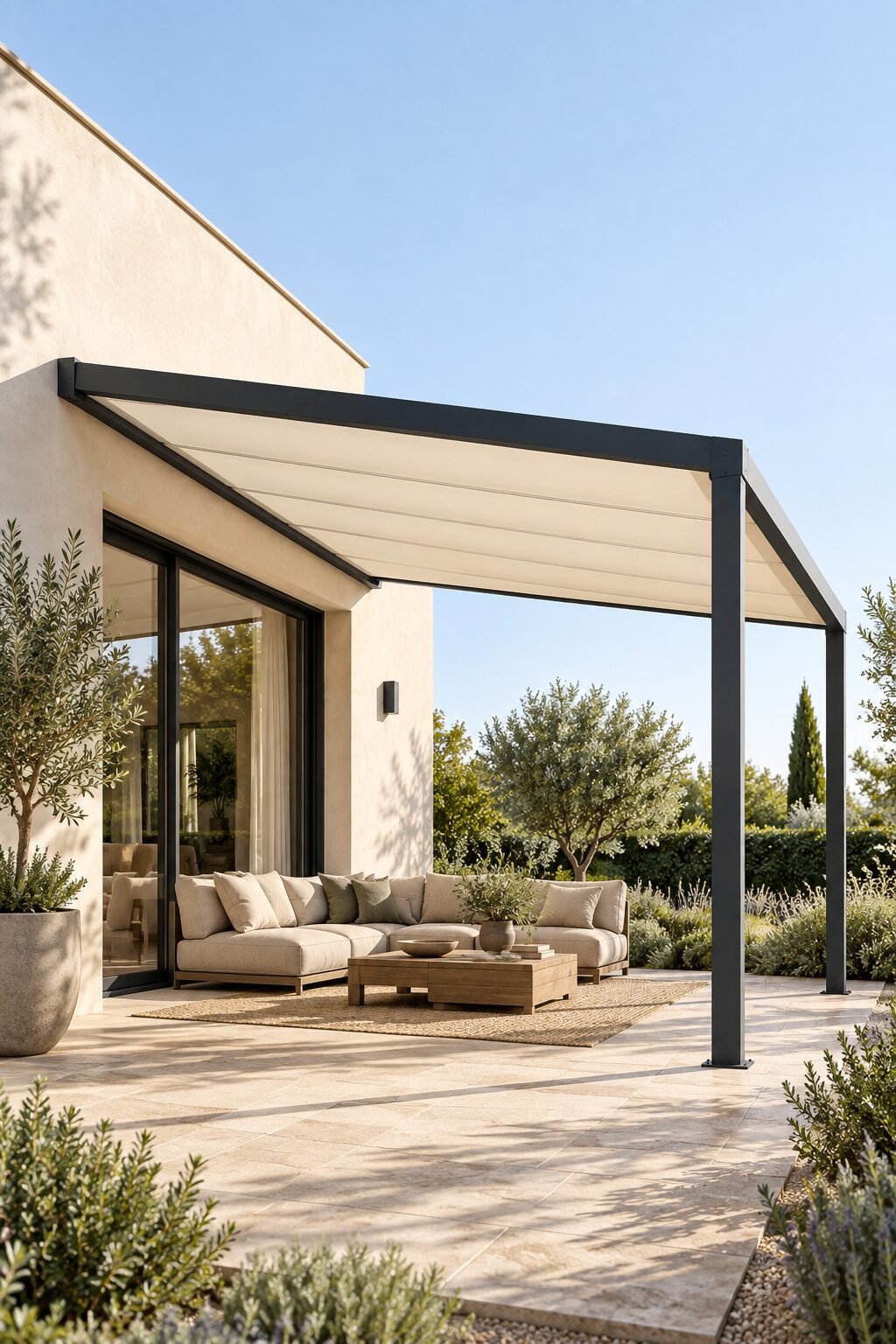 Aluminium-Pergola mit geschlossenem Faltdach über einer Terrasse mit Loungemöbeln